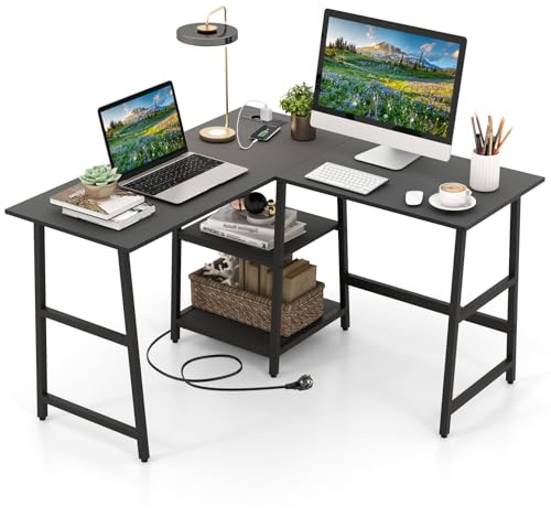 COSTWAY Scrivania Angolare da 120 CM, Scrivania a L per Ufficio a Casa con Prese di Corrente e Porte USB, Postazione di Lavoro con Ripiani per Lavoro, Gaming e Studio (Nero)