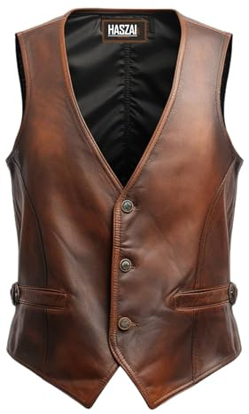 HASZAI Mens Leather Vintage Vests, Club Leather Vest for Mens, Cowboy Leather Vests Western style (US, Alpha, X-Large, Regular, Regular, Mens Vintage Brown Leather Vest)