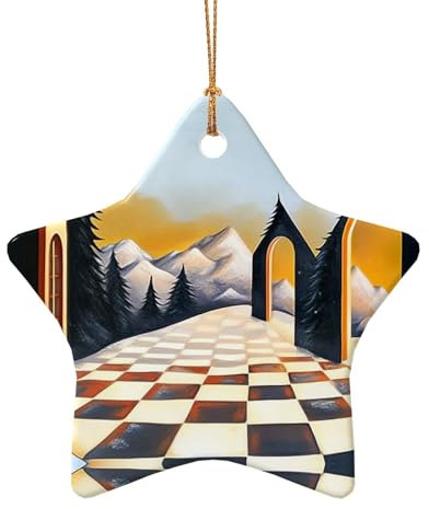 Schwarz-Weiß-Gitterdorf-Weihnachtsanhänger – doppelseitiger Keramik-Weihnachtsanhänger zum Basteln – Weihnachtsanhänger dekoratives Ornament mit Goldschnur
