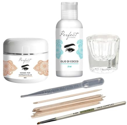 Kit per Colorazione Hennè per Sopracciglia, Polvere Hennè, Olio di Cocco, Pennelli, Vasetto Miscelatore, Contagocce, Bastoncini D'Arancio (NERO)
