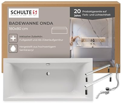 Schulte Badewanne Onda 180x80 cm, Acryl, Weiß glänzend | Komplettset mit Fußgestell und Ablaufgarnitur aus hochwertigem Acryl für eine abgestimmte Montage.