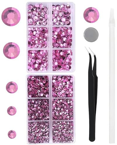 FDHBDF 6600 piezas de piedras preciosas de cristal de color rosa caliente Hotfix para vasos, ropa, camisas, purpurina, parte trasera plana, redonda, con pinzas y bolígrafo de recogida