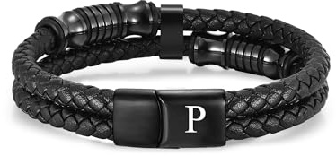 TOLOWOBK Lederarmband Herren mit Gravur A-Z Buchstaben Schwarz Doppelstrang | Männer Armband 21cm mit Edelstahl Magnetverschluss Geflochten Armbänder Weihnachten Geburtstag Geschenk für Mann Papa Freund