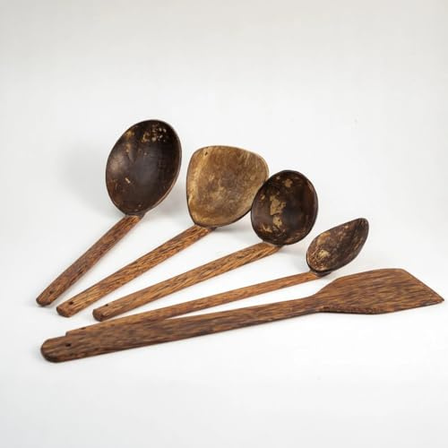 JMS we create smile - Coconut Shell Handmade Spoons & Wooden Utensils for Cooking Set -1 Spatula, 1 Large Spoon, 3 Wooden Ladles for Cooking, Serving Non-Toxic Utensil (Set of 5)