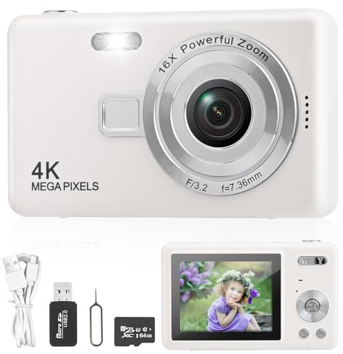 Macchina Fotografica Digitale con Scheda 64GB, 1080P 40MP Fotocamera Digitale Compatta con Schermo LCD da 2,4 e Zoom 8X, Fotocamere Digitali Per Bambini Adolescenti Principianti (Bianco)
