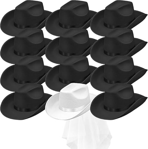 SWHCM 12 Stück Cowgirlhüte für die Braut, Cowboyhüte, Junggesellinnenabschieds-Cowboyhut für Partys, Hochzeiten, Brautpartys (Schwarz, Weiß)