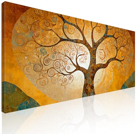 CheQuadro! Quadro moderno soggiorno, quadro grande, Albero Della Vita Spirali Oro, avt12 quadro stampato su tela pronto da appendere 90x40 cm