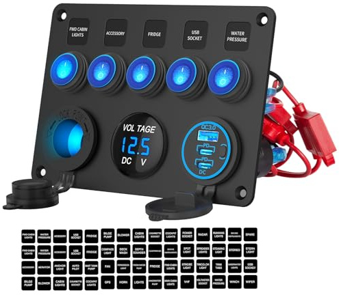 12V 24V 5 pandilla Interruptor Rocker ON OFF Panel de aluminio pre-cableado Impermeable con cargador coche triple puertos USB 78W, Voltmetro digital led y enchufador de cigarillos para coche barco
