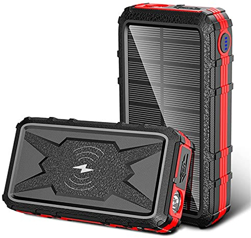 Power Bank Solar Charger, Solar Qi Wireless Charger Powerbank External Battery Portable Outdoor Waterproof,Red