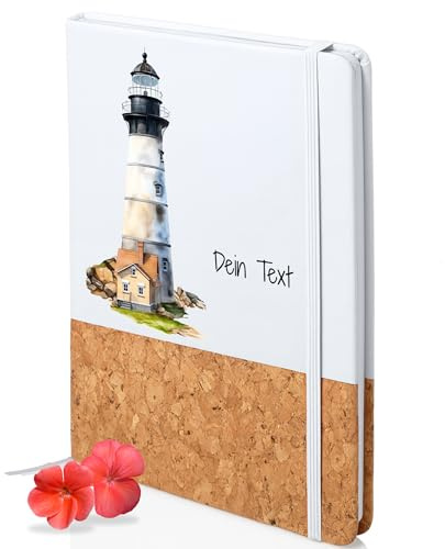 GRAZDesign Notizbuch personalisiert A5 mit Namen – Leuchtturm Motiv, Kork Cover, blanco Seiten, Tagebuch Geschenk Männer Frauen