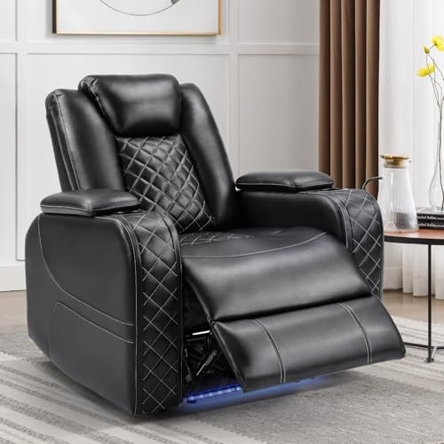 CANMOV Electric Power Recliner Chair with Adjustable Headrest,Breathable Faux Leather Home Theater Seating with Ambient Lighting,Cup Holders,Hidden Arm Storage,USB,Type-C Ports,Black
