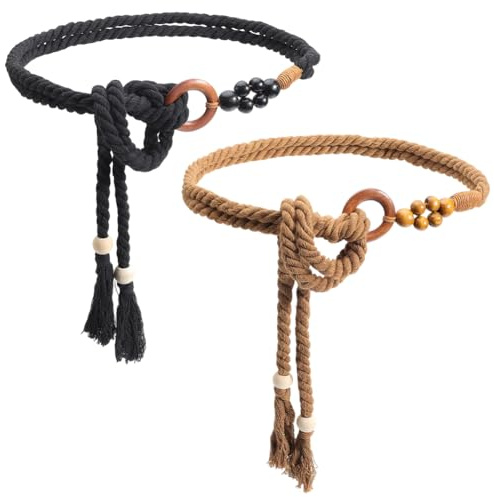 CRASPIRE 2 Colori Donna Boho Nappa Cintura Intrecciata Cintura in Corda di Cotone Cravatta Nero Marrone Fatto A Mano Lunghe Corde in Macrame Catena Decorativa Annodata con Perline Ad Anello per Abiti