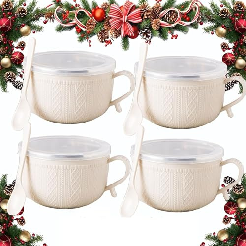 Set mit 4 großen Suppentassen mit Griffen und Deckeln, mikrowellengeeignete Mahlzeitenbecher für Suppen, Eintöpfe, Nudeln, Kaffee, Urlaub & Set (Beige, 4 Stück)