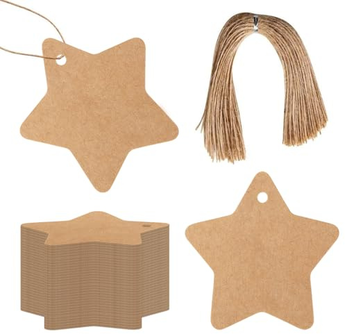 Xynovate 100 Pcs Etiquetas Papel Kraft, Etiquetas de Regalo, Etiquetas de Navidad con Cuerda de Yute para Regalos de Boda, Artesanía Navidad Cumpleaños(Estrella 6x6cm-C)