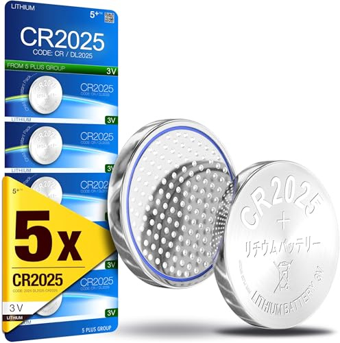 CR2025 Battery 3V Lithium Coin Cell (5 Pack), DL2025, ECR2025, BR2025 Compatible, Long Lasting Button Batteries for Car Key Fobs, Watches, Scales & Small Electronics