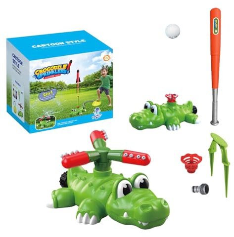 Generisch 2-In-1 Krokodil Wassersprinkler & Baseball Spielzeug Outdoor Gartenspielzeug Mit Sprühkopf, Schläger Und 4 Bällen, 360 Grad Drehbarer Wassersprinkler – Für Den Sommerurlaub Und Poolparty B