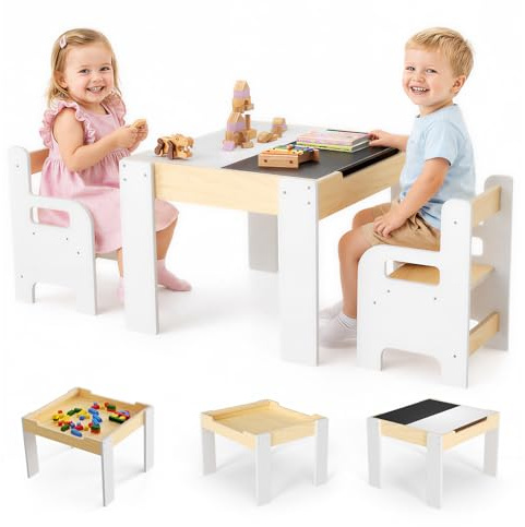 Krovtoy Set di 2 sedie per bambini, tavolo da gioco multifunzione con lavagna, mobili educativi in legno con vano portaoggetti, tavolo ergonomico per bambini per imparare a dipingere e giocare, bianco