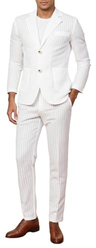 Completo da uomo, 2 pezzi, vestibilità normale, leggero, blazer e pantaloni, abito da uomo, classico, morbido, alla moda, estivo, spiaggia, matrimonio, smoking, ballo di fine anno, in lino, O bianco