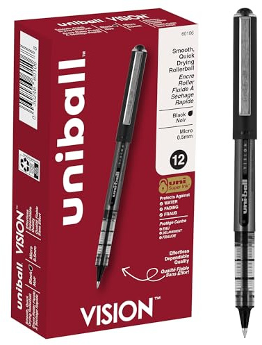 Uniball Vision Rollerball Pen - 12 Pack, Black Pens, 0.5mm Micro Tip Size - Smooth Writing Japanese Pens, School Supplies