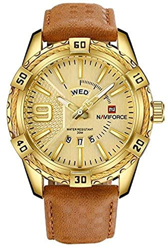 Naviforce Hombres de Lujo Relojes Deportivos Relojes de Cuarzo de Cuero a Prueba de Agua Reloj de Oro Fecha de la Cara Grande Reloj