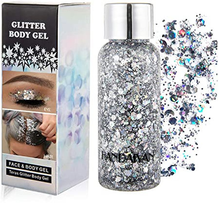 GL-Turelifes Chunky Face Body Glitter Gel Festival Meerjungfrau Haar Pailletten Kosmetik Sparkling Nails Glitter Make-up Langlebig 30g (#02 Silber)