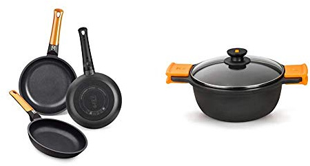 BRA Efficient Orange Set de 3 sartenes, Aluminio Fundido con Antiadherente tricapa Libre de PFOA + Efficient Cacerola Alta con Tapa de Cristal y Asas de Silicona, 20 cm