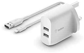 Belkin Boost Charge Dual USB-A Wall Charger 24W + USB-A to Lightning Cable (for iPhone 14 and 13 series, iPad, AirPods, more)