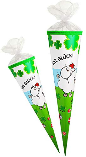 alles-meine.de GmbH Schultüte - Viel Glück - lustiges Schaf - Glücksklee & Glückskäfer - 50 cm - rund - Tüllabschluß - Zuckertüte - mit/ohne Kunststoff Spitze - Jungen Mädchen ..
