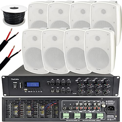 1600W LOUD Outdoor Bluetooth Sound System | 8x 140W White Speaker | 8 Channel / Zone Matrix HiFi Mixer Amplifier Amp Kit | Weatherproof Garden Party Event Audio | Powerful Wireless Music | Echo Alexa
