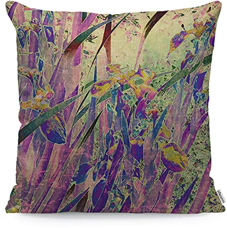WONDERTIFY Floral Cushion Cover Vintage Art Nature Irises Flower Leaves Decorative Throw Pillow Covers For Couch, Bed Sofa Pillows Case Purple Green 45X45 Cm