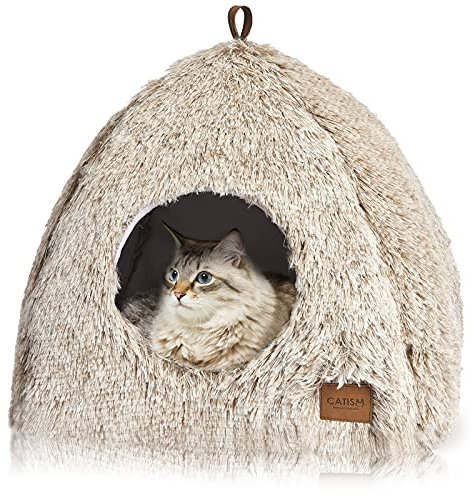 Katzenhöhle Katzenbett Katzenhaus Kuschelhöhle 40x40cm CATISM faltbar waschbar bequemer Katzenschlafplatz für Katzen Kätzchen Welpen mit abnehmbarem Katzenkopfkissen Kaffee Braun