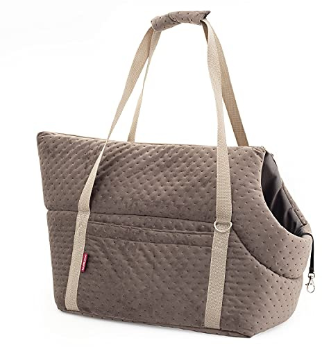 Transporttasche für Hunde und Katzen | Schultertasche für Haustiere mit Gummiband mit Karabiner | bis 10 kg | Material: Wildlederimitat - Velvet | Größe: M | Farbe: Braun