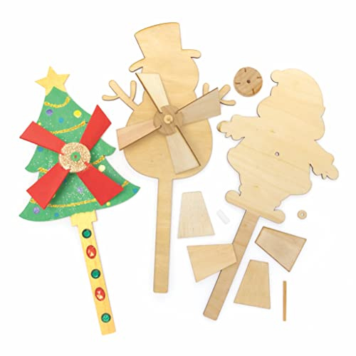 Baker Ross FC209 Weihnachten Windmühle Holzbastelset - 4er Pack, Weihnachts Bastelset aus Holz, Windrädchen Basteln für Kinder, Kindergeburtstage oder Kindergarten