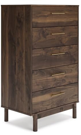 Signature Design by Ashley Calverson Contemporary 5 Drawer Chest of Smooth-Gliding Drawers and Safety Stop, Dark Brown