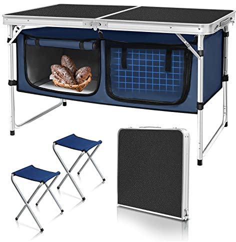 Klappbarer Campingtisch mit Staufach, Aluminium, leichter Camping-Küchentisch, höhenverstellbar, Innen- und Außentisch, perfekt für Heckklappe, Hinterhöfe, Grillen, Picknick (schwarz-breit mit Hocker)