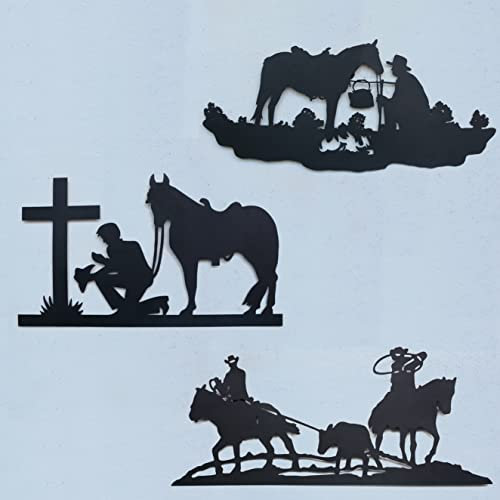VinSees 38,1 cm Metall-Western-Cowboy-Wandkunst-Dekor, mattschwarz, Western-Dekor für Zuhause, Schlafzimmer, Badezimmer, Cowboy-Gebet mit Pferden, 38,1 x 19,1 cm, 3 Stück