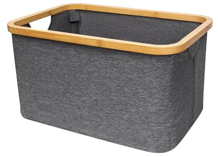 LIN HOME Cesto de Tela Plegable Gris para Ropa Sucia Retangulo 45x30x24.5cm con Asa de Bambú - Cesta Organizadora Multiuso para Ropas, Lavadero Baño Dormitorio