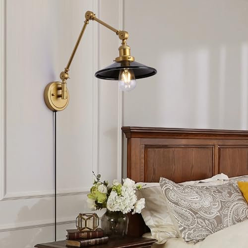 SUNLLOK Modern Swing Arm Wall Sconces with Plug in Cord - Rustic Adjustable Lampshade Hanging Wall Light Fixture - Industrial Metal Reading Wall Lamp Decoration for Living Room Kids Bedroom (Black)
