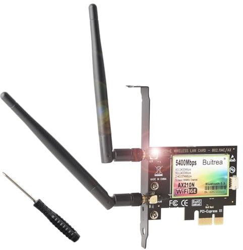 Buitrea Scheda WiFi AX210 Bluetooth5.3, Fino a 5400Mbps, Tri-Bande (6GHz/5GHz/2.4GHz) Scheda WiFi 6E per PC Windows 11/10(64Bit)