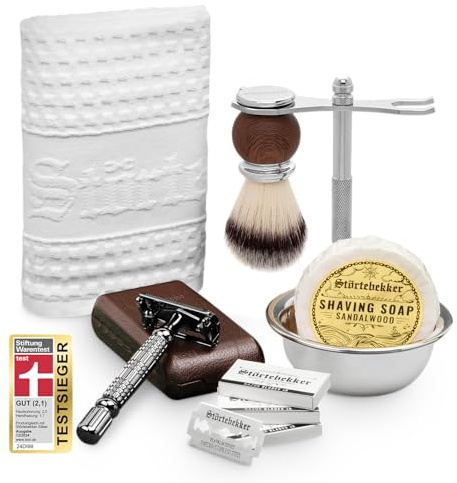 Störtebekker® Premium Genießer Set - Hochwertiges Rasierset für eine perfekte Rasur - inkl. Rasierhobel, Rasierpinsel, Rasierseife Sandelholz, Rasierschale, Rasierständer, Rasiertuch - Geschenkidee