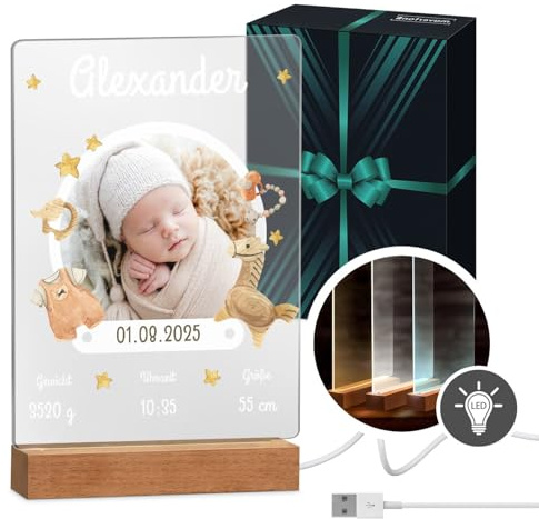 Maverton beleuchteter LED-Fotoaufsteller mit eigenem Foto - personalisiertes Acryl Glasbild mit LED-Beleuchtung auf dem Holzständer für Mädchen und Jungen - Größe: 21x32x4,5cm - Boho
