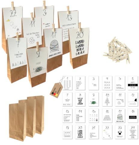 PuK Krämmer GmbH Adventskalender zum Befüllen | 24 Geschenktüten zum selber basteln lustige Motive | Weihnachtskarten mit Zahlen | Adventskalenderset Kraftpapiertüten | DIY-Adventskalender Erwachsene