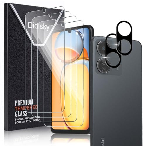 Didisky 4-Unidades Cristal Templado Protector de Pantalla para Redmi 13C 4G (No para Redmi 13C 5G), y 2-Unidades Protector de Lente de Cámara,Antihuellas, Sin Burbujas, Fácil de Limpiar, 9H Dureza