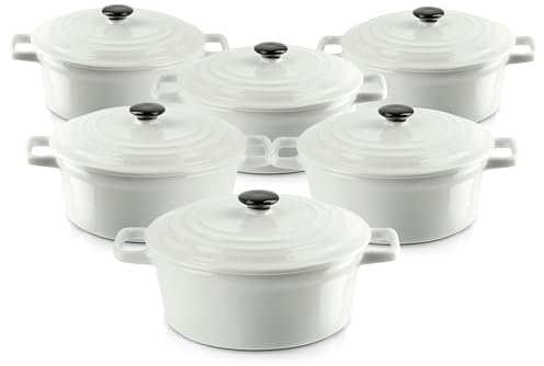 KHG Auflaufform mit Deckel 6er Set, Weiß 0,5 Liter klein, Keramik Steingut rund, Servierform mit Griffen, ofenfest 200°C & mikrowellenfest, Mini-Schmortopf, Mini-Bräter, Mini-Cocotte