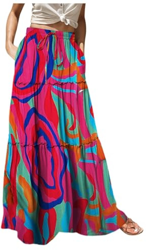 Maxirock Damen Lang Sommer A-Linie Swing Rock Mode Bunt Plisseerock Elastische Taille Sommerrock High Waist Rüschen Faltenrock Boho Blumen Strandrock mit Tasche