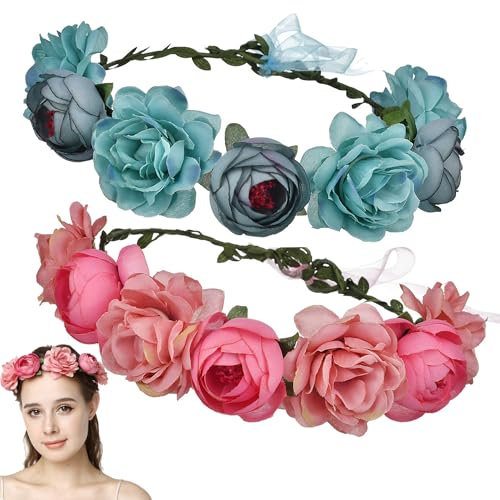 Oktoberfest Blumen Haarreif, 2er Blumenkranz für Damen und Mädchen, Kopfschmuck aus Stoff und Draht für Kopfgröße 52-58 cm, Rosa und Blau Blumen Haarreif