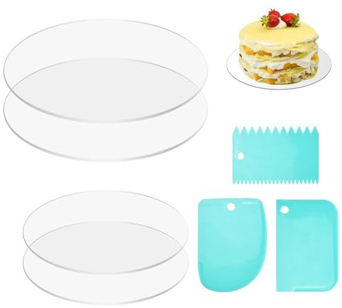 LPAMABA 4 Pz Base per Torta in Acrilico, Sottotorta Tondo, Piatti Rotondi Riutilizzabili Con 3 Raschietto (Spessore 2 mm, Diametro 20/15 cm)