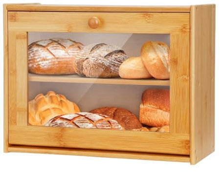 MDWZH Paneras Caja De Pan Panera De Bambú para Encimera, Recipiente para Almacenar Pan De 2 Capas con Ventana Acrílica Frontal Abatible Paneras para Guardar El Pan