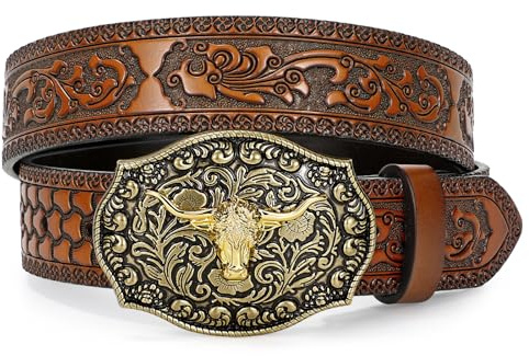 LEACOOLKEY Western Cowboy Leather Belt for Men Longhorn Bull Buckle Belt 1.5 Wide Floral Engraved Embossed Leather Belt