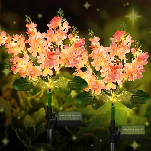 FWLWTWSS Solar Lights Outdoor Garden, 2 Pack Violet Solar Flowers Waterproof,10-12 Hours Working Time, Garden Ornaments Outdoor for Patio, Yard, Pathway(Pink)